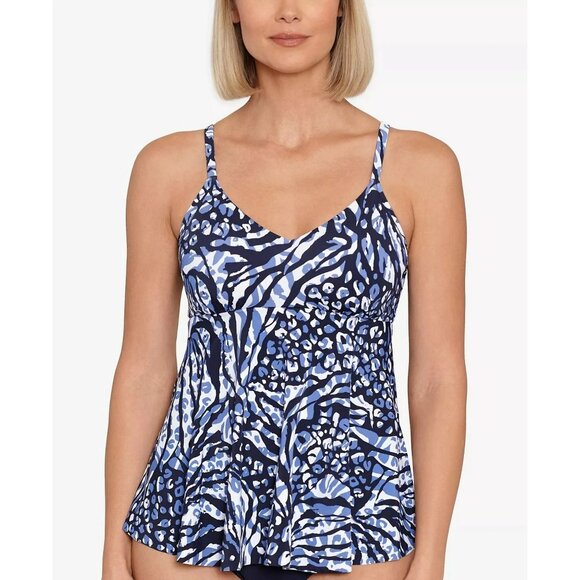 Swim Solutions Womens Blue Animal Print Underwire V Neck Swim Tankini Top 10 - Picture 1 of 7